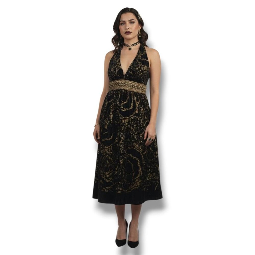 Cynthia Steffe Velvet Burnout Halter Dress Black Gold 8 Holiday Evening NEW $395